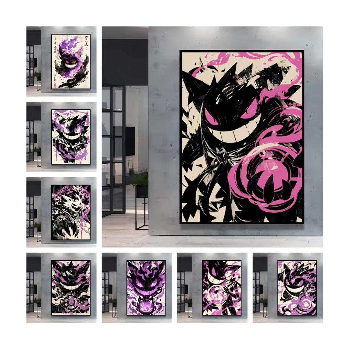 Potdemiel Pokémon Gengar Wandbild im dunklen Stil, lila Cartoon-Charakter als hochwertiges Diamant-Gemälde für deine Wohnzimmer-Dekoration, Hochformat, Rahmenlos - Bild 2