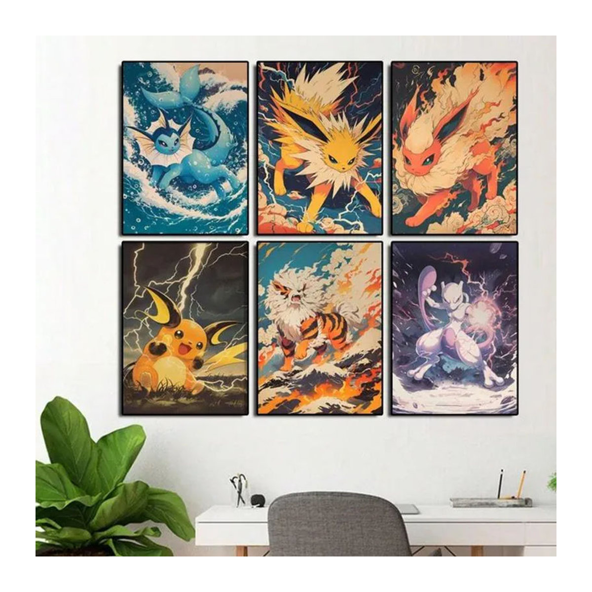 Potdemiel Pokemon Leinwand Wandkunstdruck mit Raichu, Mewtwo, Flareon und Jolteon, mehrfarbig, ungerahmt - Bild 1