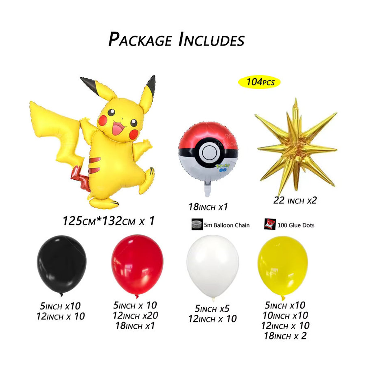 Potdemiel Pokemon Pikachu Ballon Bogen Kit mit 104 Stück Latexballons in Rot, Gelb, Schwarz und Mehrfarbig für Kindergeburtstage und Mottopartys - Bild 2
