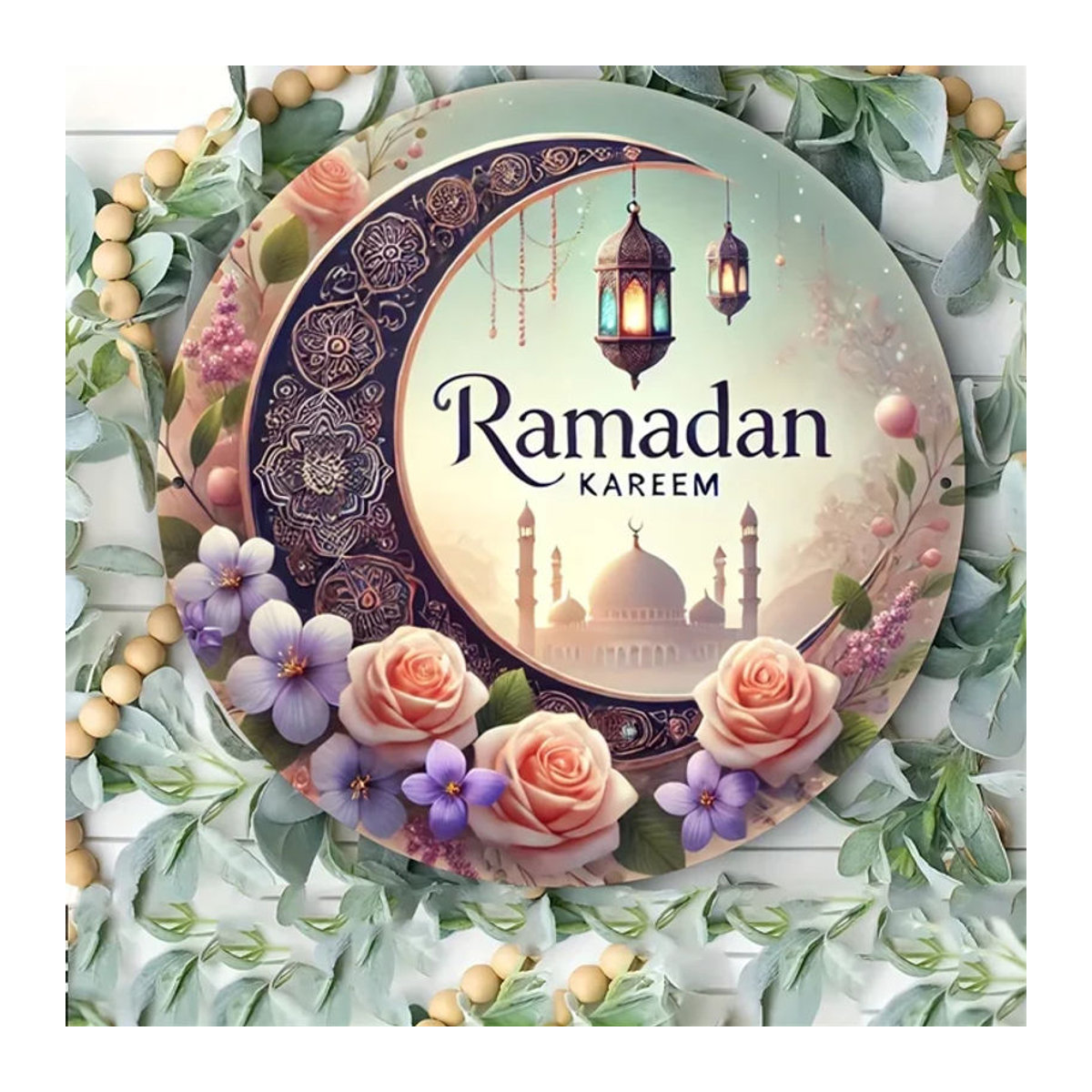 Potdemiel Ramadan Kareem Wandkunst aus Metall, Vintage Rundes Aluminiumschild mit Mond und floralem Design, Durchmesser: 19,81 cm, Mehrfarbig - Bild 1