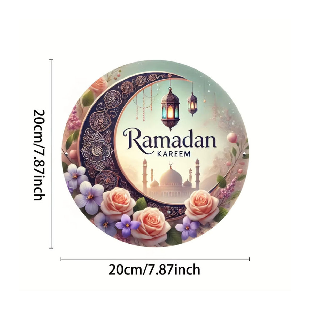 Potdemiel Ramadan Kareem Wandkunst aus Metall, Vintage Rundes Aluminiumschild mit Mond und floralem Design, Durchmesser: 19,81 cm, Mehrfarbig - Bild 2