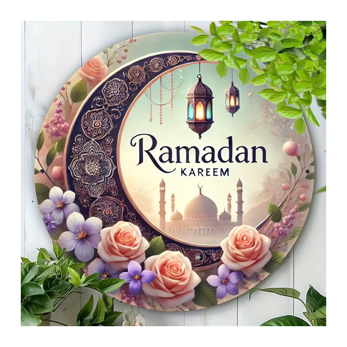 Potdemiel Ramadan Kareem Wandkunst aus Metall, Vintage Rundes Aluminiumschild mit Mond und floralem Design, Durchmesser: 19,81 cm, Mehrfarbig - Bild 3