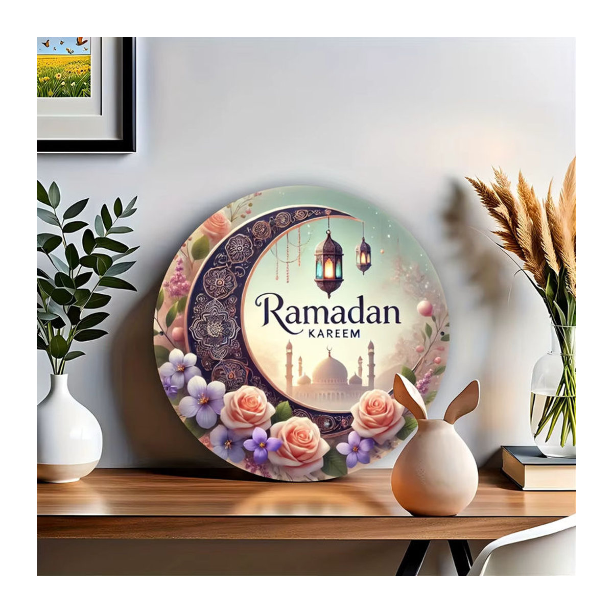 Potdemiel Ramadan Kareem Wandkunst aus Metall, Vintage Rundes Aluminiumschild mit Mond und floralem Design, Durchmesser: 19,81 cm, Mehrfarbig - Bild 4