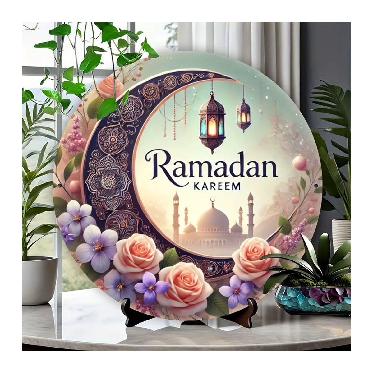 Potdemiel Ramadan Kareem Wandkunst aus Metall, Vintage Rundes Aluminiumschild mit Mond und floralem Design, Durchmesser: 19,81 cm, Mehrfarbig - Bild 5