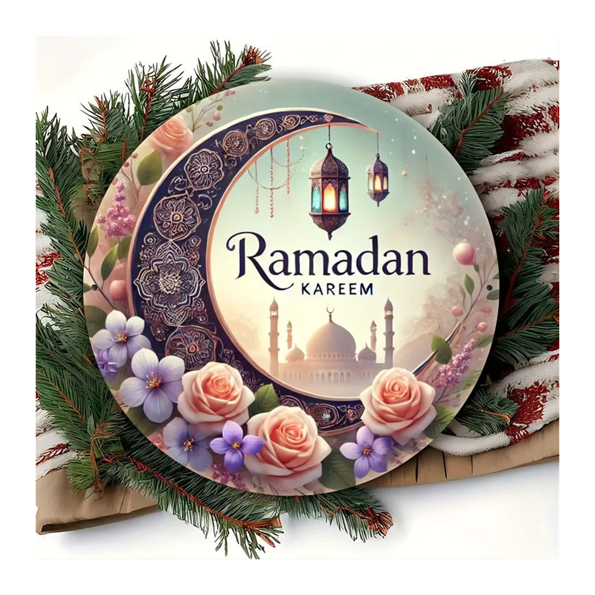 Potdemiel Ramadan Kareem Wandkunst aus Metall, Vintage Rundes Aluminiumschild mit Mond und floralem Design, Durchmesser: 19,81 cm, Mehrfarbig - Bild 6