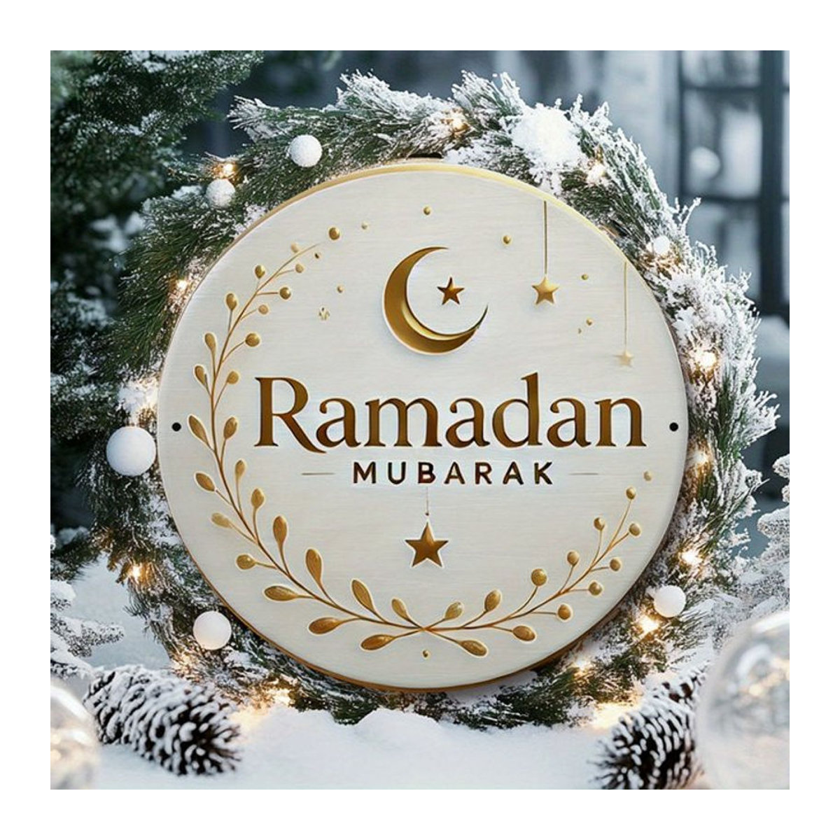 Potdemiel Ramadan Mubarak Aluminiumschild mit Halbmond, Sternen und Kranz in Weiß und Gold, runde Metall-Dekoration im orientalischen Design - Bild 1