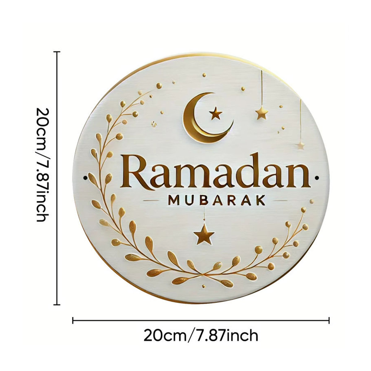Potdemiel Ramadan Mubarak Aluminiumschild mit Halbmond, Sternen und Kranz in Weiß und Gold, runde Metall-Dekoration im orientalischen Design - Bild 2