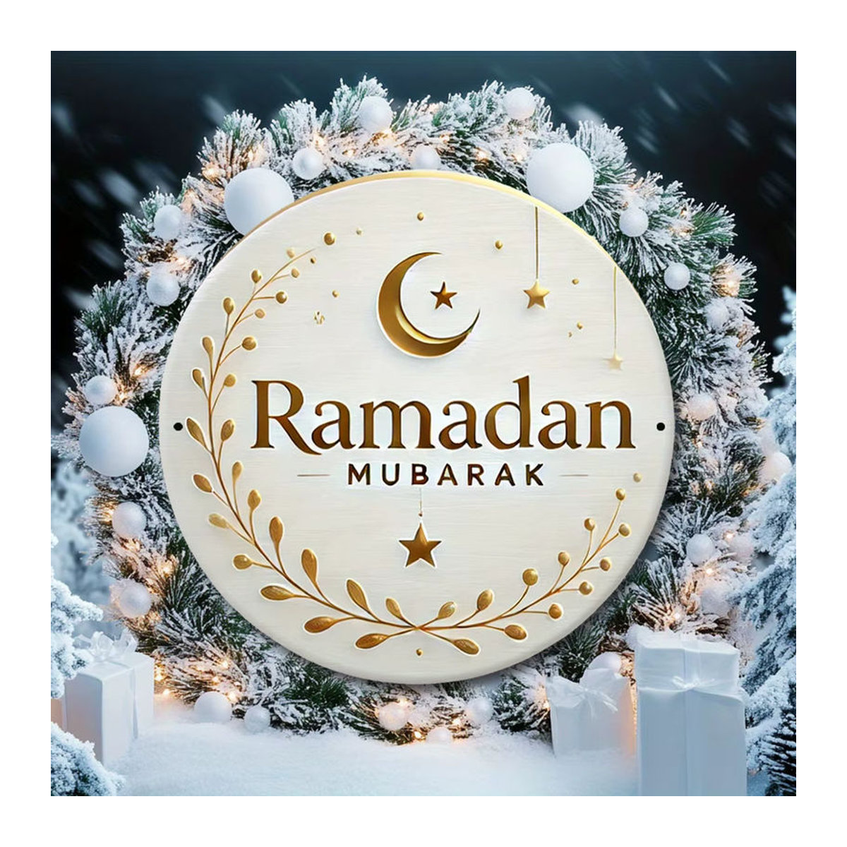 Potdemiel Ramadan Mubarak Aluminiumschild mit Halbmond, Sternen und Kranz in Weiß und Gold, runde Metall-Dekoration im orientalischen Design - Bild 4
