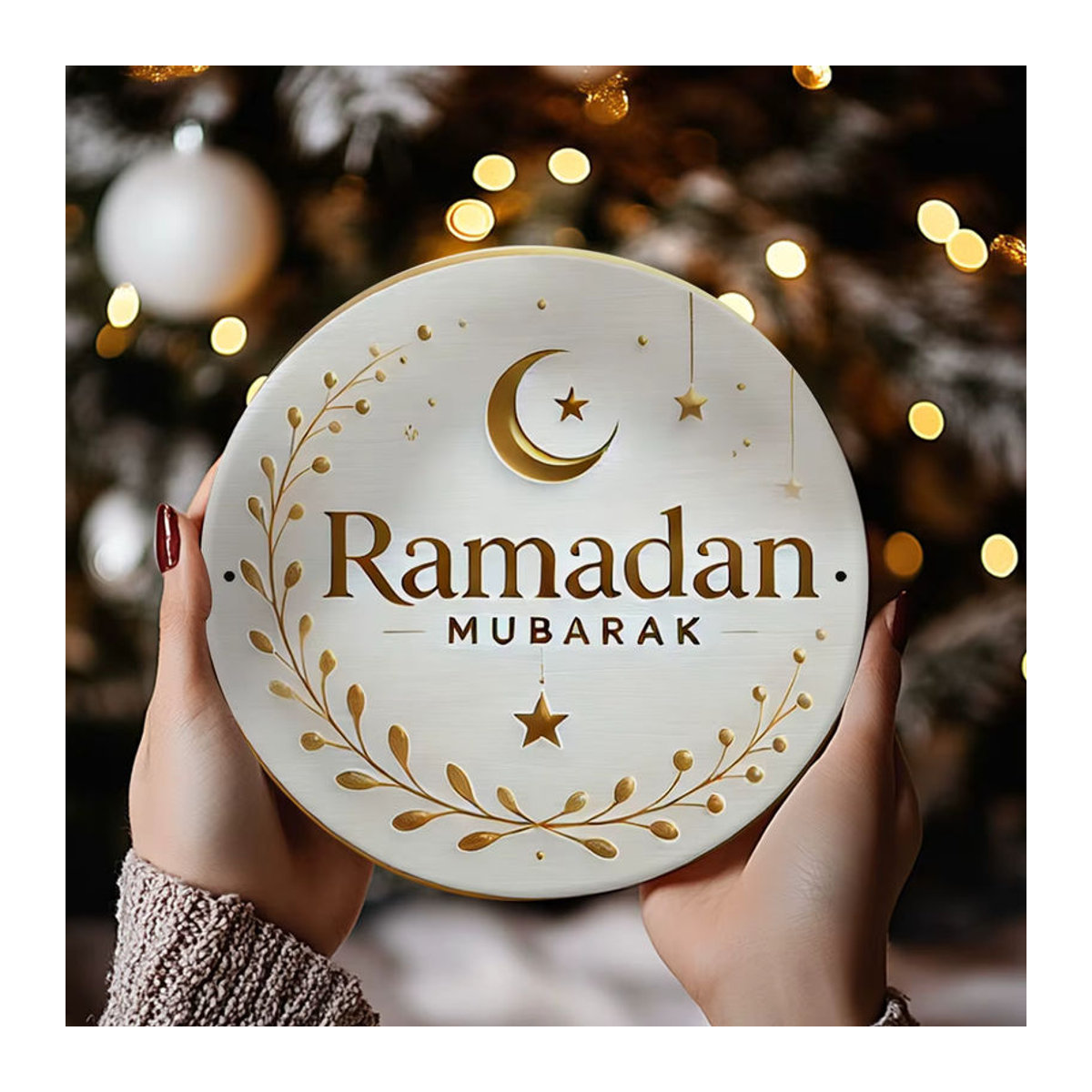 Potdemiel Ramadan Mubarak Aluminiumschild mit Halbmond, Sternen und Kranz in Weiß und Gold, runde Metall-Dekoration im orientalischen Design - Bild 5