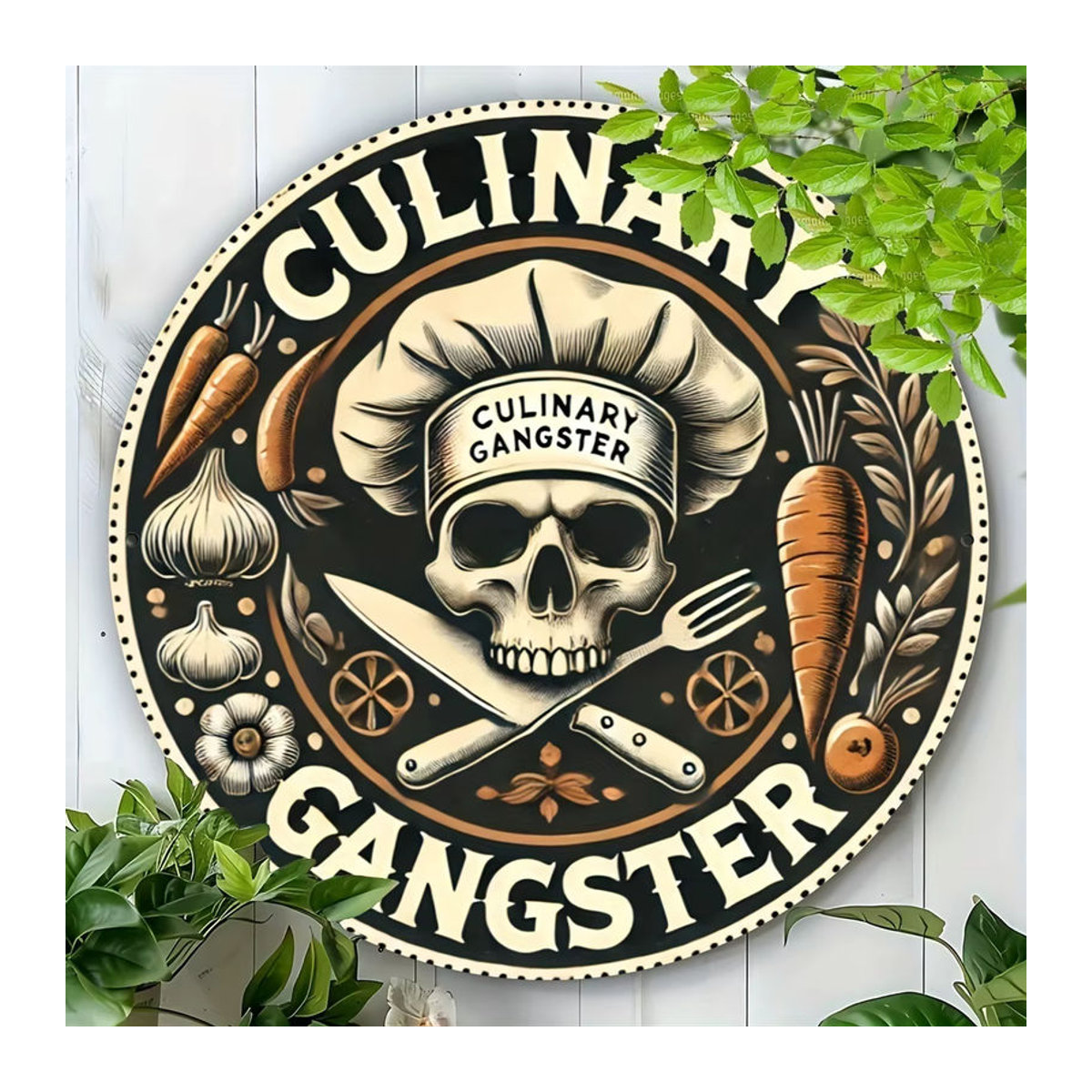 Potdemiel Retro Aluminiumschild rund mit Totenkopf-Chef-Design und Blumen, mehrfarbig, Durchmesser: 20,3 cm - Bild 2