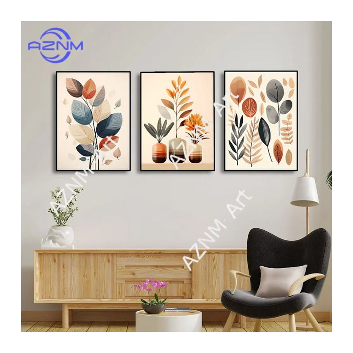 Potdemiel Retro Leinwandbild mit Blättern und Vase in abstrakter Floral-Optik, mehrfarbig, Wandkunst für dein Wohnzimmer - Bild 1
