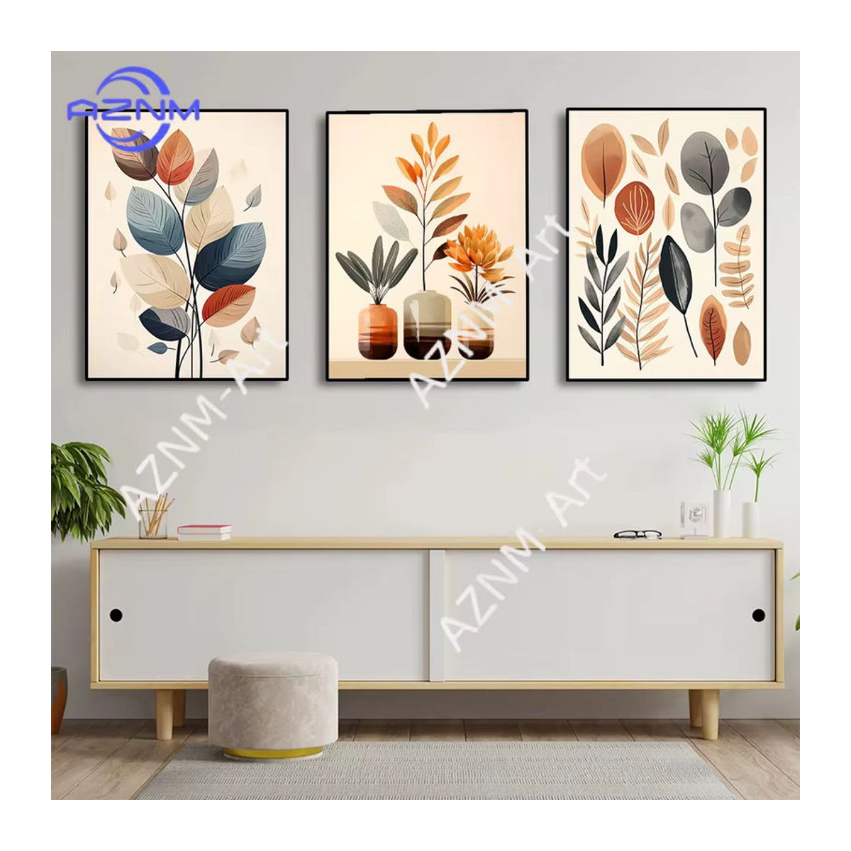 Potdemiel Retro Leinwandbild mit Blättern und Vase in abstrakter Floral-Optik, mehrfarbig, Wandkunst für dein Wohnzimmer - Bild 2