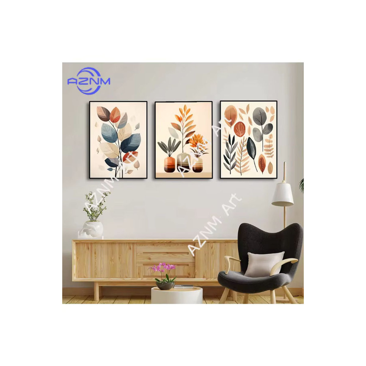 Potdemiel Retro Leinwandbild mit Blättern und Vase in abstrakter Floral-Optik, mehrfarbig, Wandkunst für dein Wohnzimmer - Bild 6