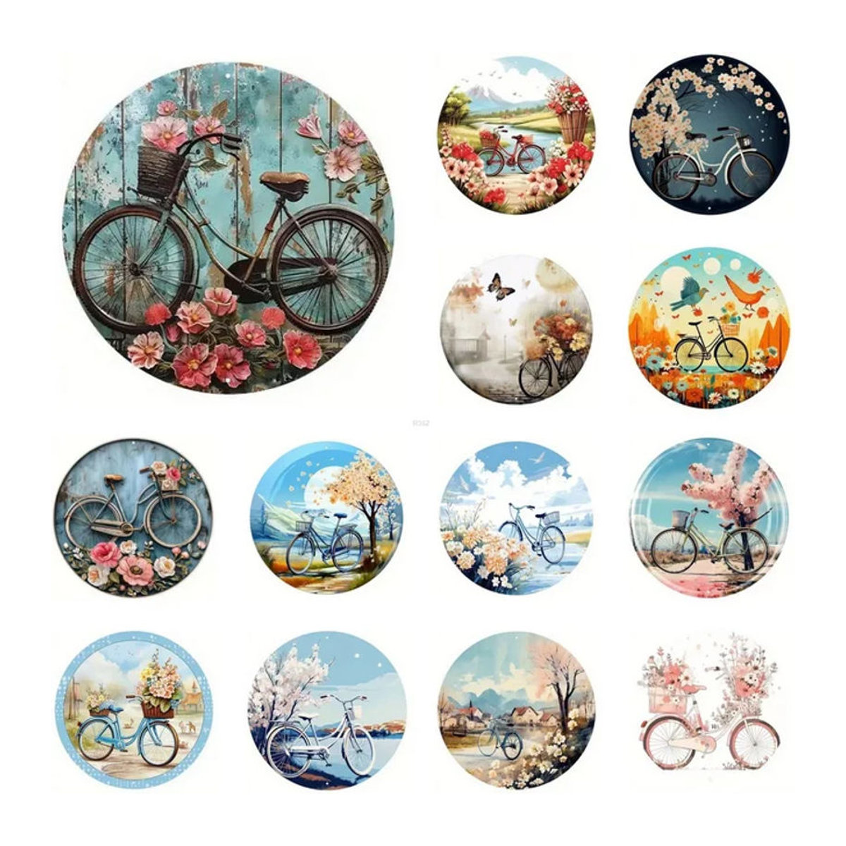 Potdemiel Retro Metallschild Rund mit Fahrrad und Blumen Design in Mehrfarbig - Bild 1