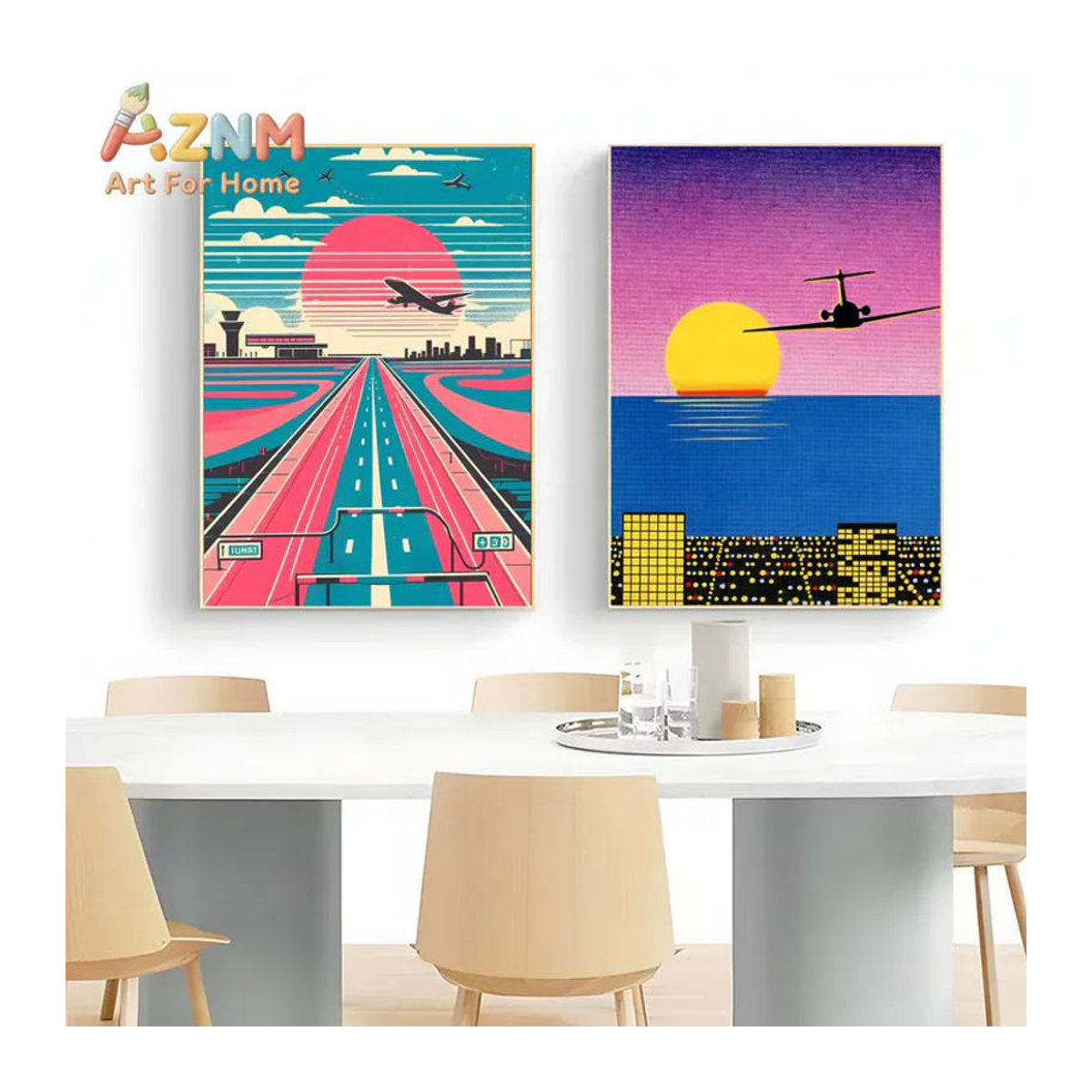 Potdemiel Retro Vaporwave Leinwand Wandkunst mit Flugzeug und Palmenbaum in Mehrfarbig, Hochformat, Rahmenlos - Bild 2