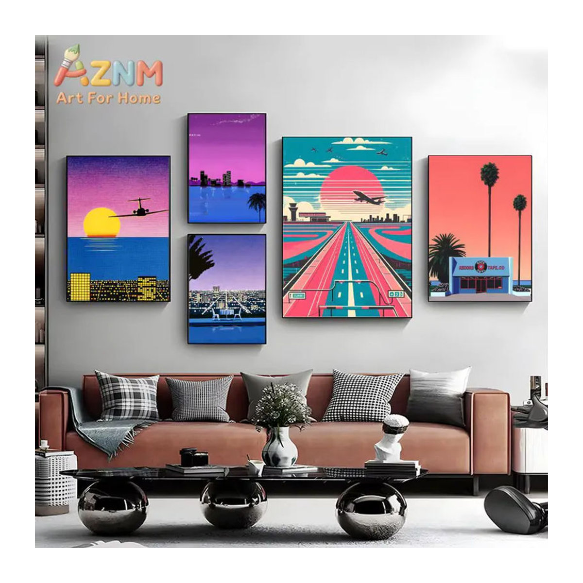 Potdemiel Retro Vaporwave Leinwand Wandkunst mit Flugzeug und Palmenbaum in Mehrfarbig, Hochformat, Rahmenlos - Bild 3