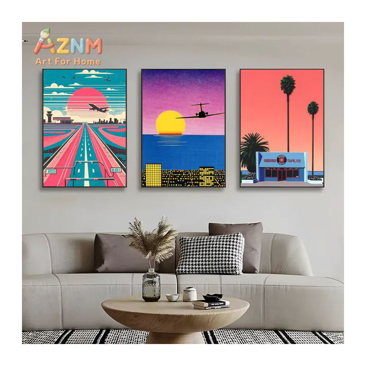Potdemiel Retro Vaporwave Leinwand Wandkunst mit Flugzeug und Palmenbaum in Mehrfarbig, Hochformat, Rahmenlos - Bild 4