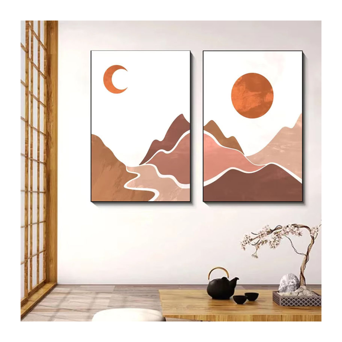 Potdemiel Retro Wandkunst Poster Abstrakt Landschaft mit Berg Fluss Sonne und Mond Rahmenlose Malerei Mehrfarbig - Bild 1