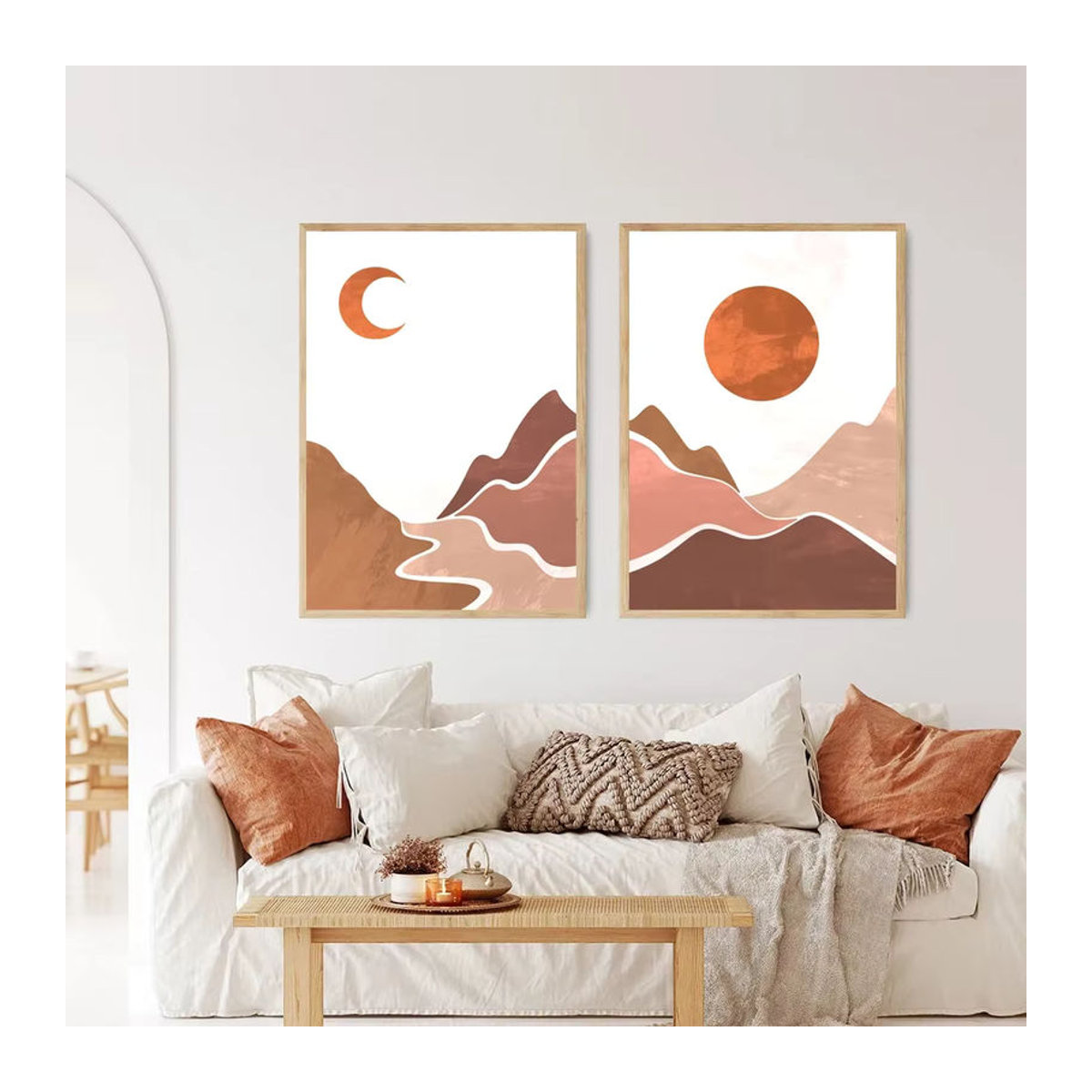 Potdemiel Retro Wandkunst Poster Abstrakt Landschaft mit Berg Fluss Sonne und Mond Rahmenlose Malerei Mehrfarbig - Bild 2
