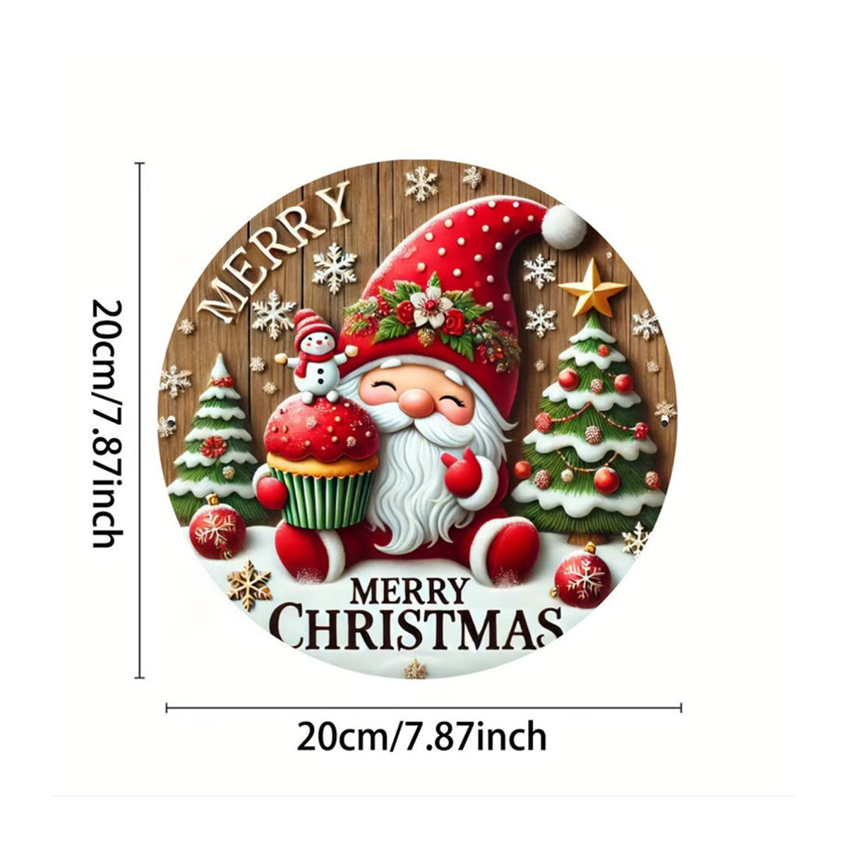 Potdemiel Rundes Eisenschild Merry Christmas mit Zwerg, Bäumen und Schneemann, Mehrfarbig, Durchmesser: 20,3 cm - Bild 2