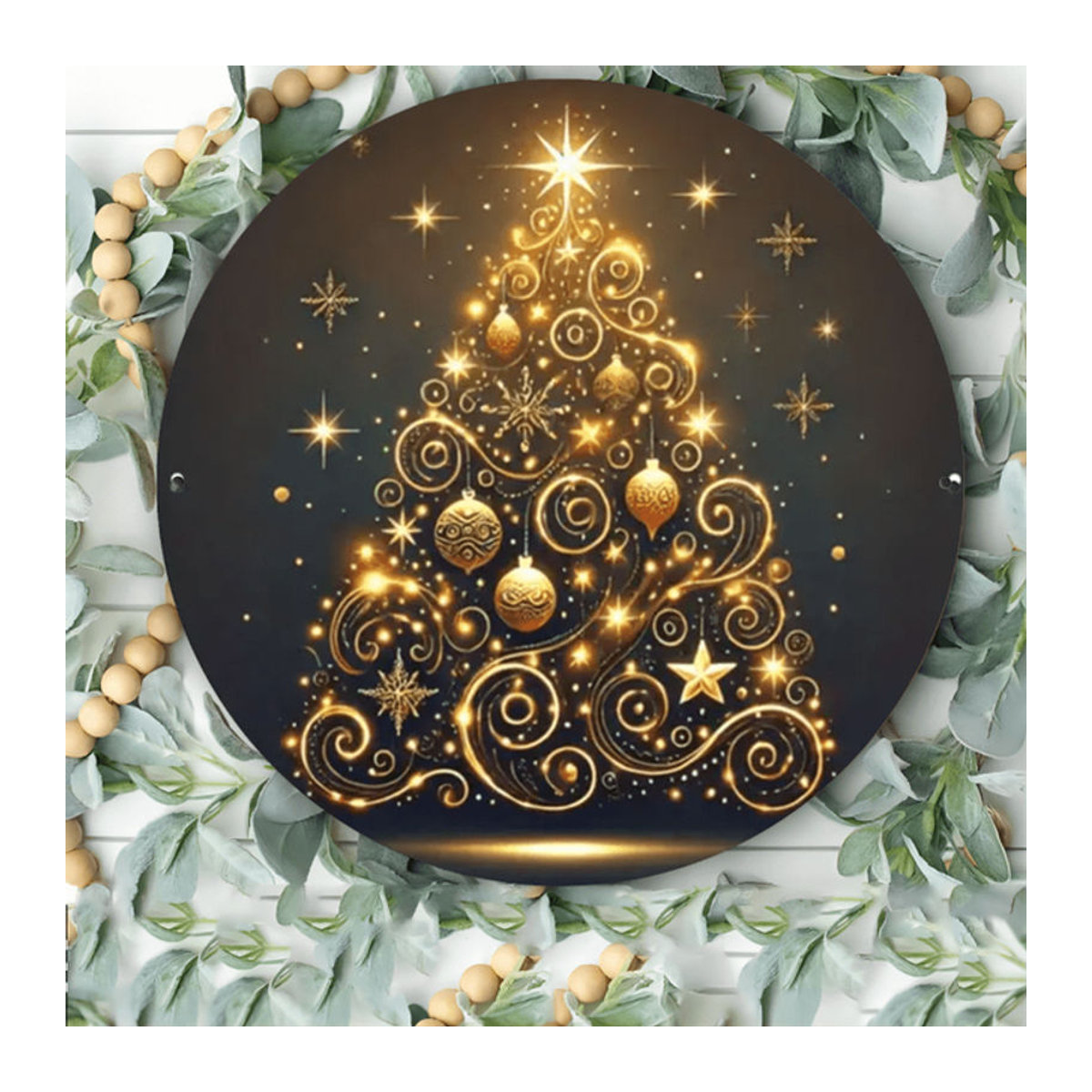 Potdemiel Rundes Metall-Blechschild Weihnachten mit Sternen und floralen Motiven in Gold, Durchmesser: 20,3 cm - Bild 1