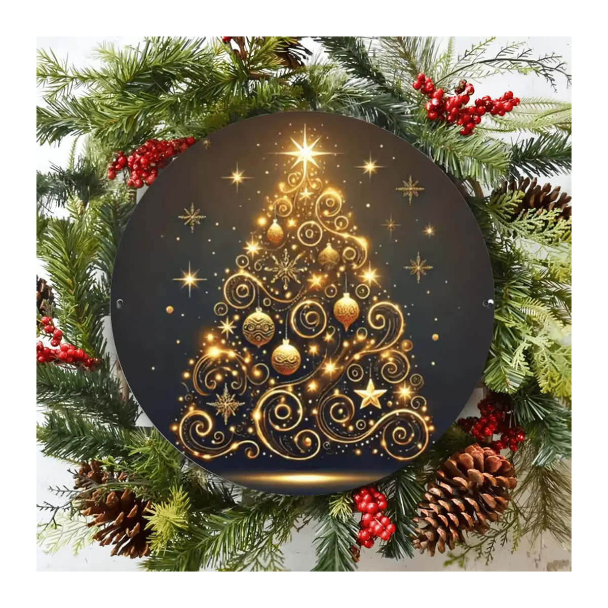 Potdemiel Rundes Metall-Blechschild Weihnachten mit Sternen und floralen Motiven in Gold, Durchmesser: 20,3 cm - Bild 2
