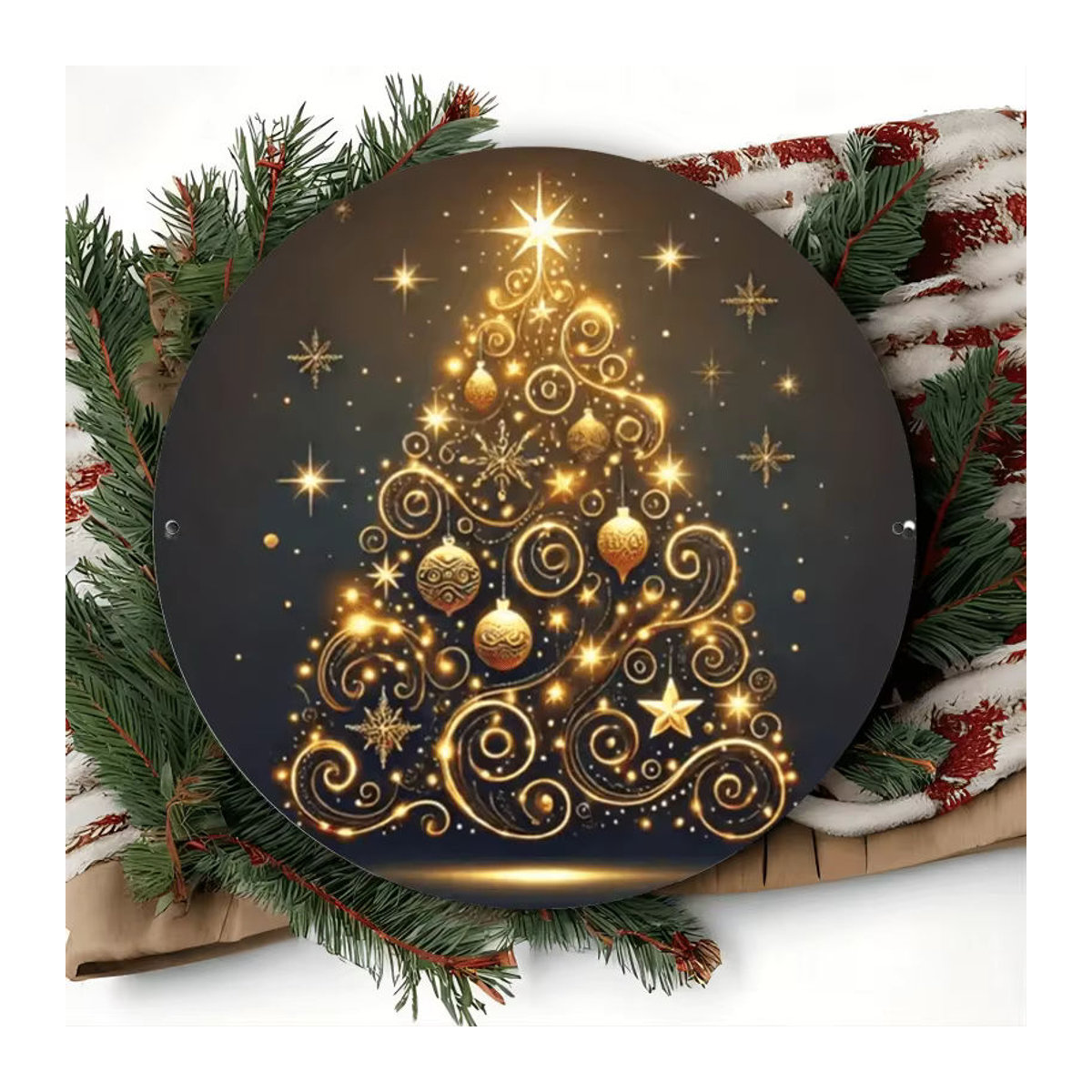Potdemiel Rundes Metall-Blechschild Weihnachten mit Sternen und floralen Motiven in Gold, Durchmesser: 20,3 cm - Bild 5