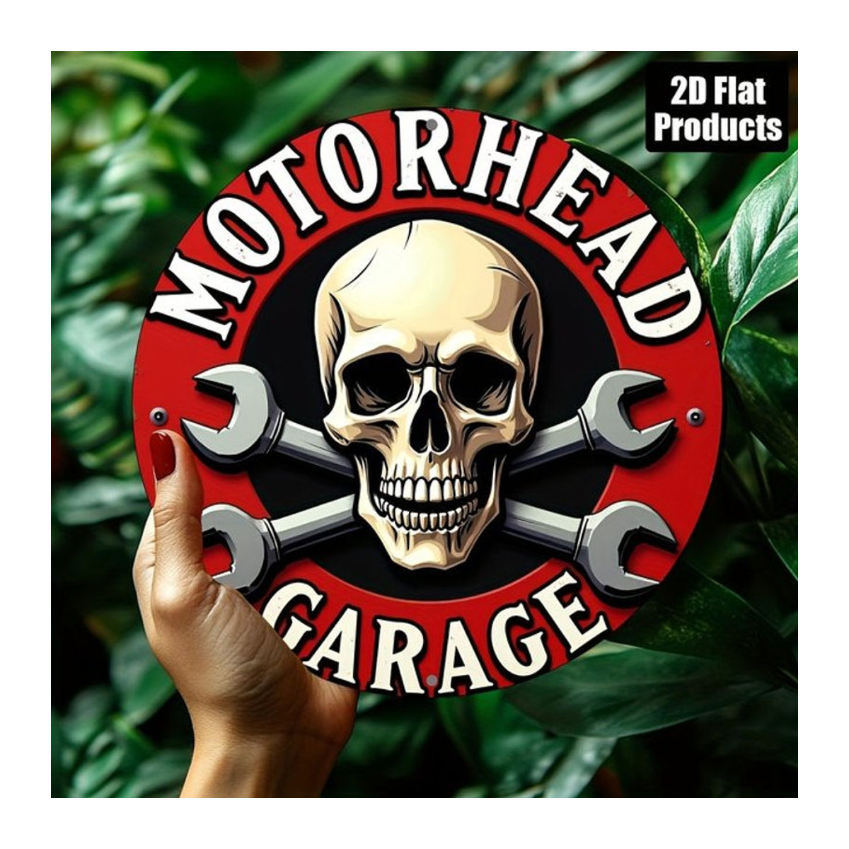Potdemiel Rundes Metall-Wandschild mit Motorrad-Schädel-Motiv in Rot im Vintage-Stil - Bild 1