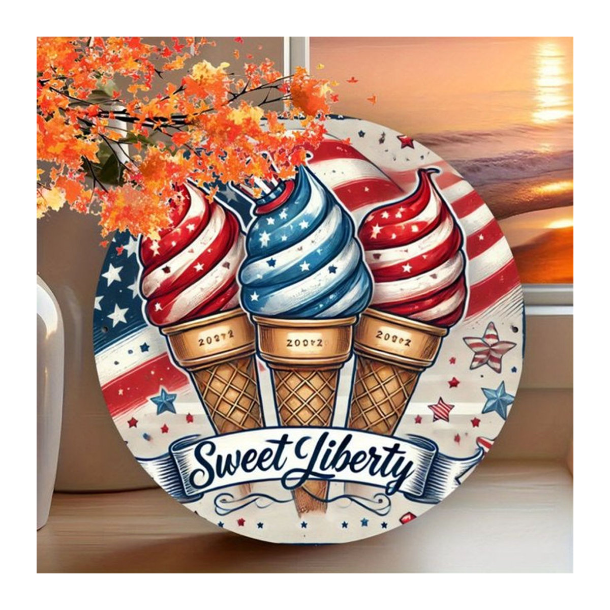 Potdemiel Rundes Metall-Wandschild Sweet Liberty mit Amerikanischer Flagge und Sternen, Mehrfarbig, Durchmesser: 20 cm - Bild 1