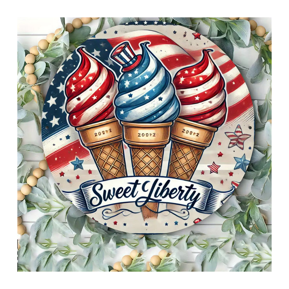 Potdemiel Rundes Metall-Wandschild Sweet Liberty mit Amerikanischer Flagge und Sternen, Mehrfarbig, Durchmesser: 20 cm - Bild 3