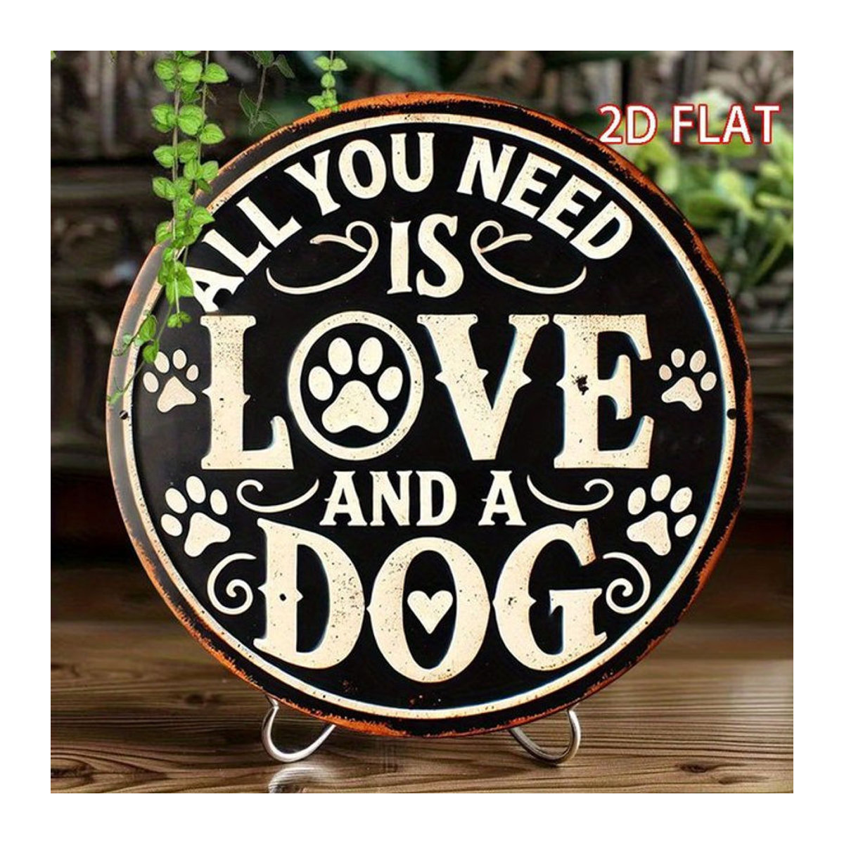 Potdemiel Rundes Metalldekorschild im Vintage-Stil mit Hund-Motiv All You Need Is Love and a Dog, Schwarz - Bild 1