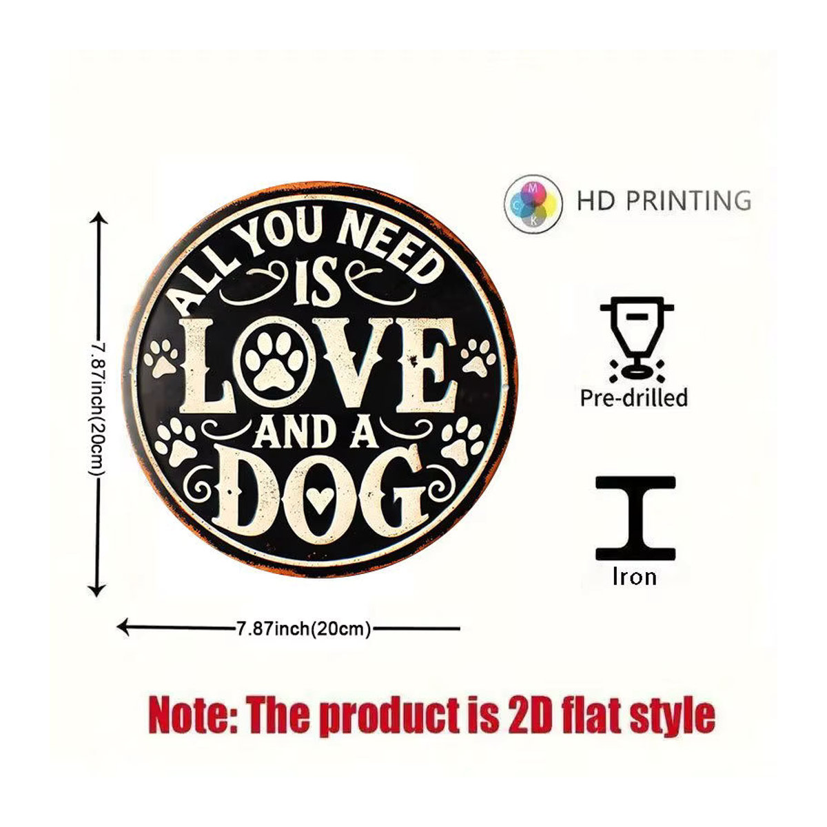 Potdemiel Rundes Metalldekorschild im Vintage-Stil mit Hund-Motiv All You Need Is Love and a Dog, Schwarz - Bild 3