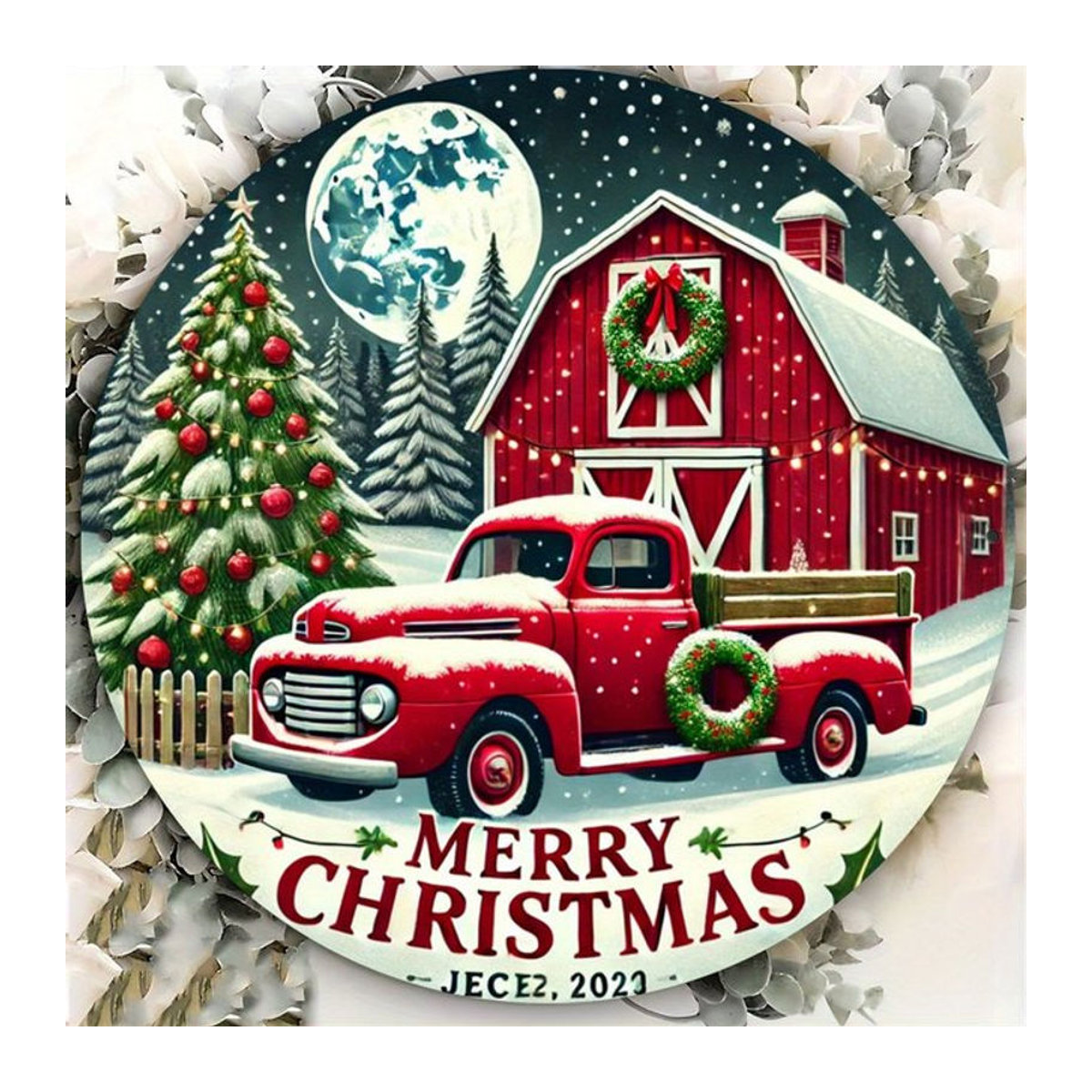 Potdemiel Rundes Metallschild Frohe Weihnachten mit rustikalem rotem LKW, Wanddekoration für Zuhause und Garten, Durchmesser: 20 cm - Bild 1