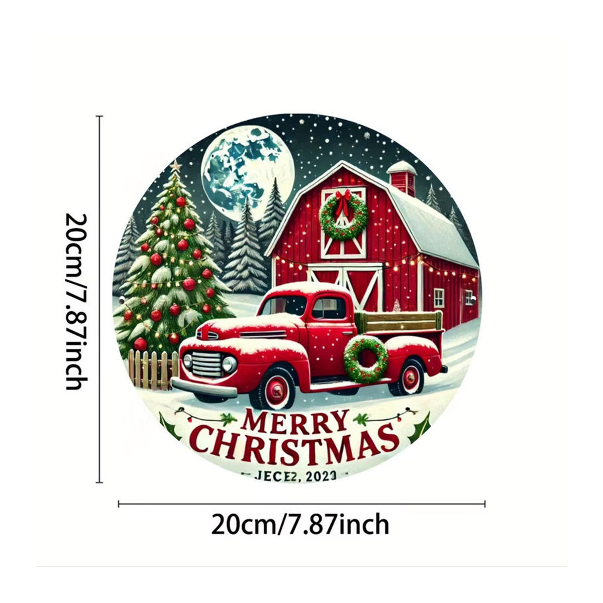 Potdemiel Rundes Metallschild Frohe Weihnachten mit rustikalem rotem LKW, Wanddekoration für Zuhause und Garten, Durchmesser: 20 cm - Bild 2