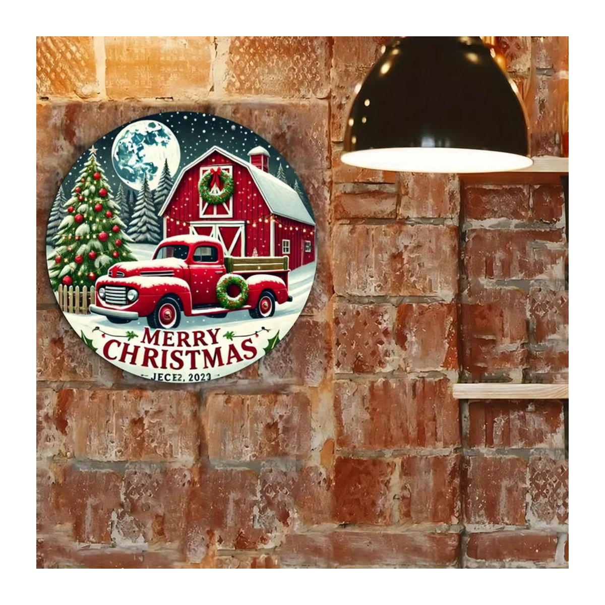 Potdemiel Rundes Metallschild Frohe Weihnachten mit rustikalem rotem LKW, Wanddekoration für Zuhause und Garten, Durchmesser: 20 cm - Bild 5