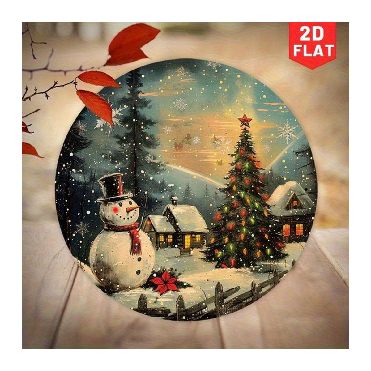 Potdemiel Rundes Metallschild Schneemann Winter Wunderland Weihnachtsdekoration, Durchmesser: 20 cm, Mehrfarbig - Bild 1