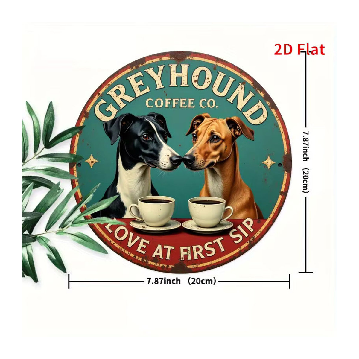Potdemiel Rundes Metallschild Vintage Zwei Windhunde beim Kaffeetrinken Dekoration, Durchmesser: 19,81 cm, Mehrfarbig - Bild 2