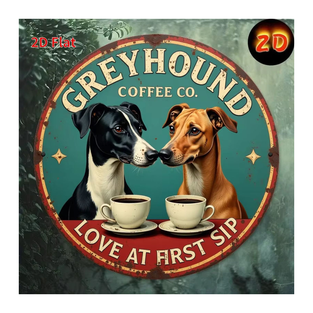 Potdemiel Rundes Metallschild Vintage Zwei Windhunde beim Kaffeetrinken Dekoration, Durchmesser: 19,81 cm, Mehrfarbig - Bild 3