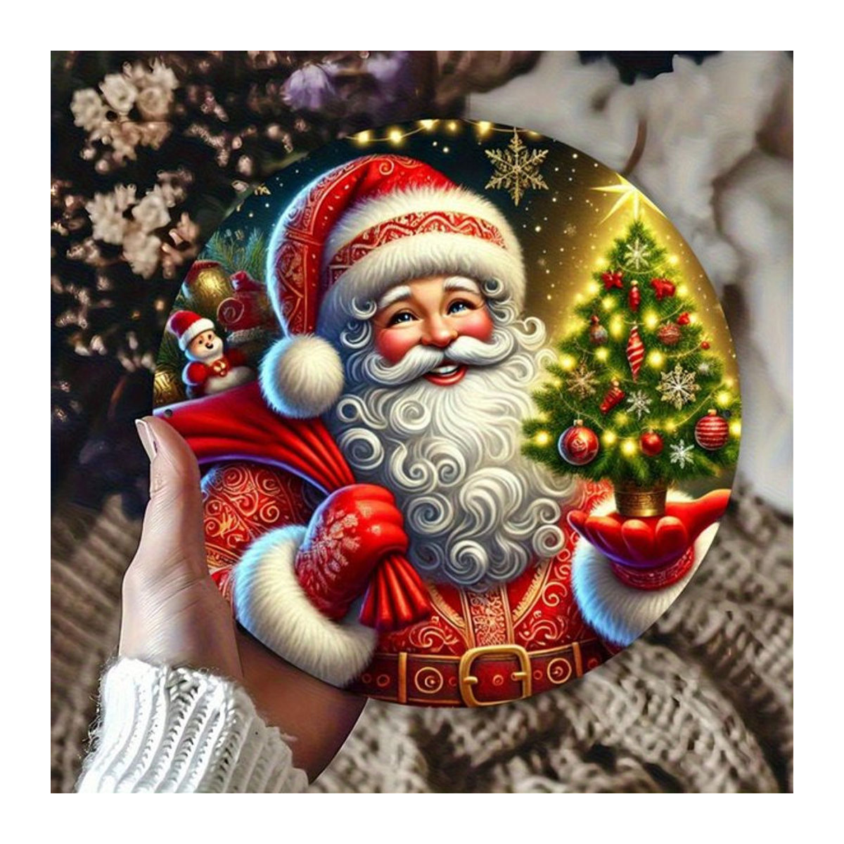 Potdemiel Rundes Metallschild Weihnachten mit Weihnachtsmann, Baum und Schneeflocken, Wanddekoration mehrfarbig, Durchmesser: 20 cm - Bild 1