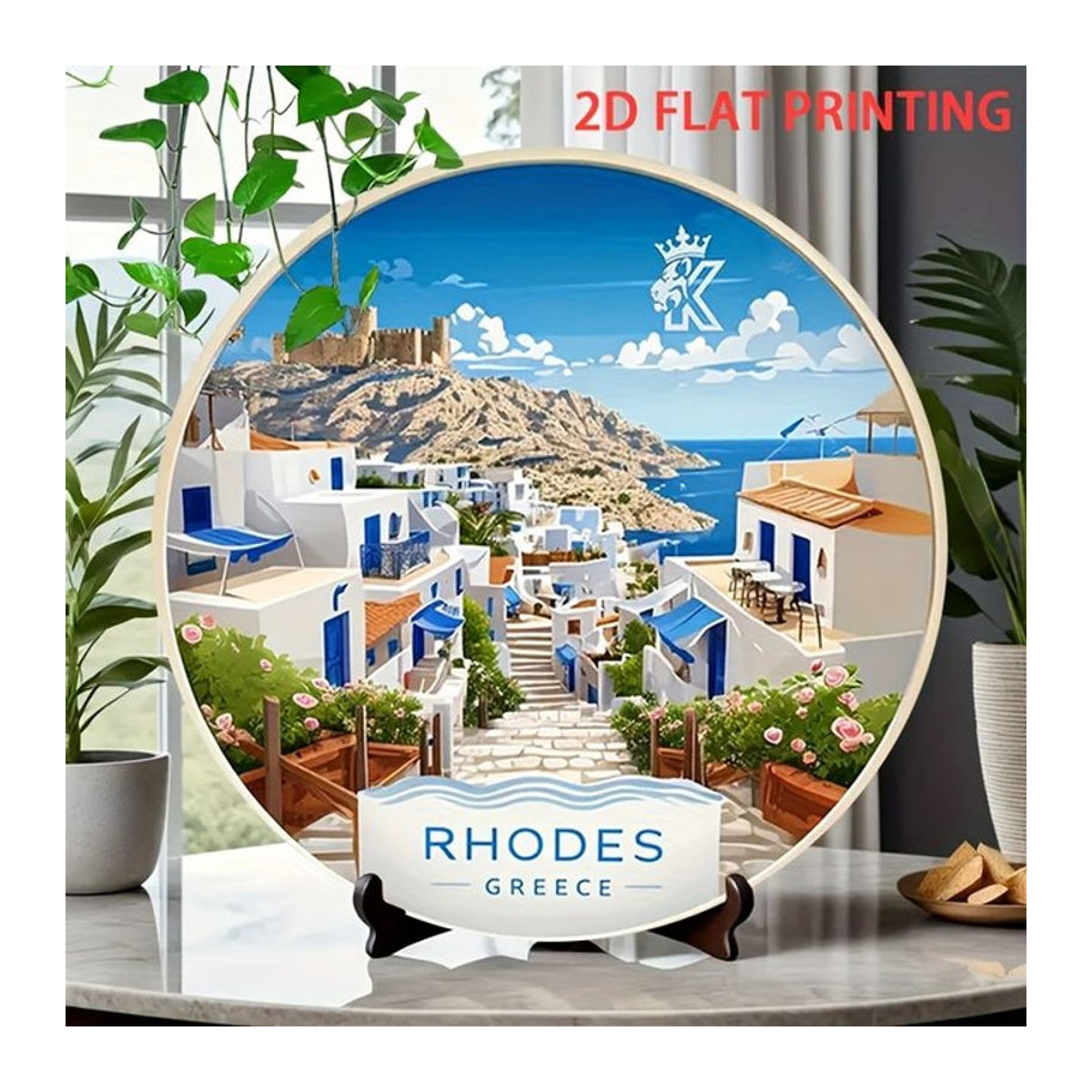 Potdemiel Rundes Vintage Blechschild Rhodes Griechenland Dekoration, Durchmesser: 20,32 cm, Mehrfarbig - Bild 1