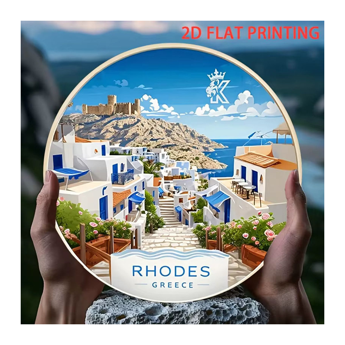 Potdemiel Rundes Vintage Blechschild Rhodes Griechenland Dekoration, Durchmesser: 20,32 cm, Mehrfarbig - Bild 4