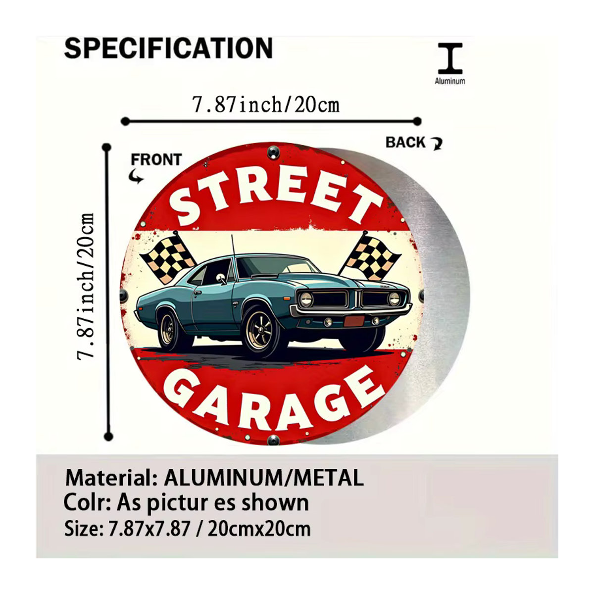 Potdemiel Rundes Vintage-Rennwagen Aluminiumschild in Blau für die Wandmontage - Bild 2