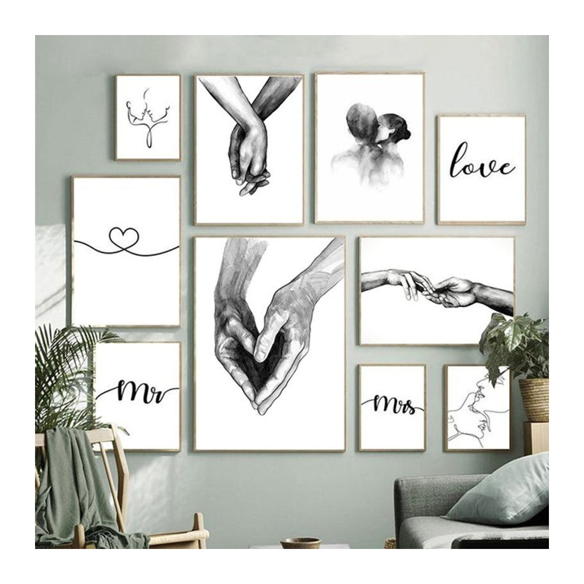 Potdemiel Skandinavisches Leinwand Poster Hand In Hand Liebe Linie Kunstbild in Schwarz und Weiß für dein Schlafzimmer Dekor - Bild 1