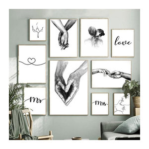 Potdemiel Skandinavisches Leinwand Poster Hand In Hand Liebe Linie Kunstbild in Schwarz und Weiß für dein Schlafzimmer Dekor