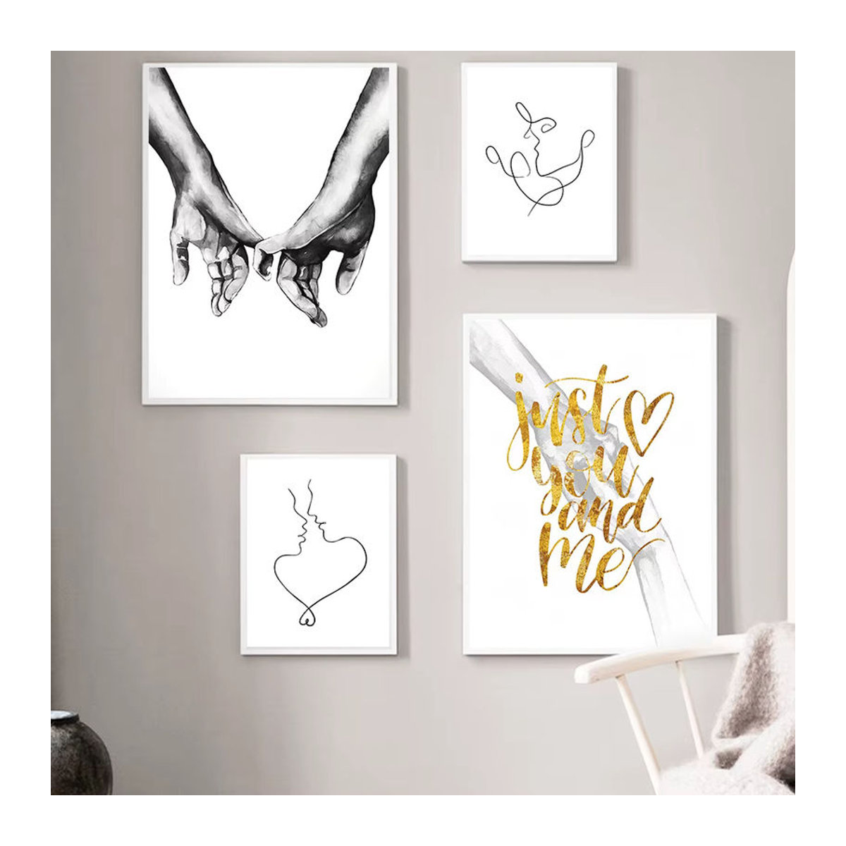 Potdemiel Skandinavisches Leinwand Poster Hand In Hand Liebe Linie Kunstbild in Schwarz und Weiß für dein Schlafzimmer Dekor - Bild 3