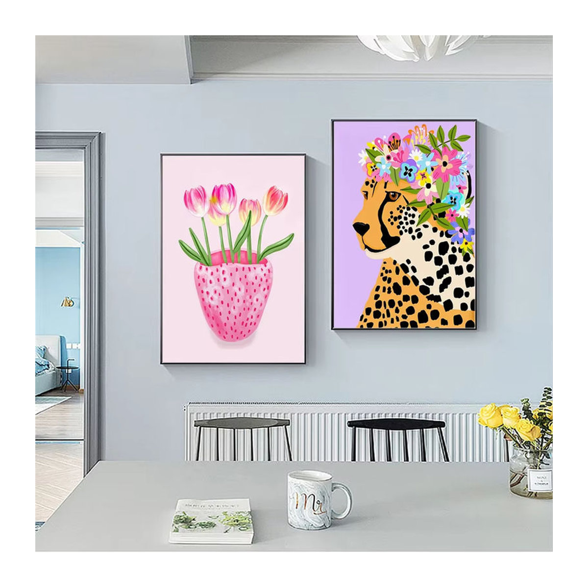 Potdemiel Skandinavisches Wandbild Abstrakt mit rosa Gepard als Kinder Dekoration auf Papier - Bild 1