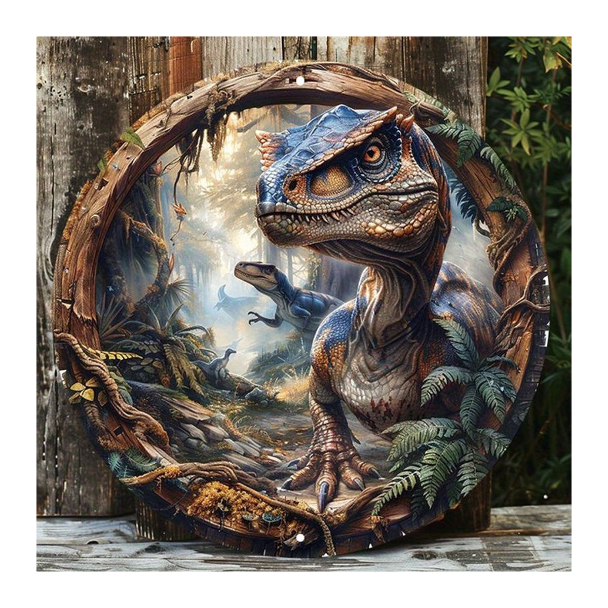 Potdemiel Velociraptor Wandkunst aus Metall, rundes Dinosaurier-Dekor für drinnen und draußen, mehrfarbig, Durchmesser: 20,32 cm - Bild 1