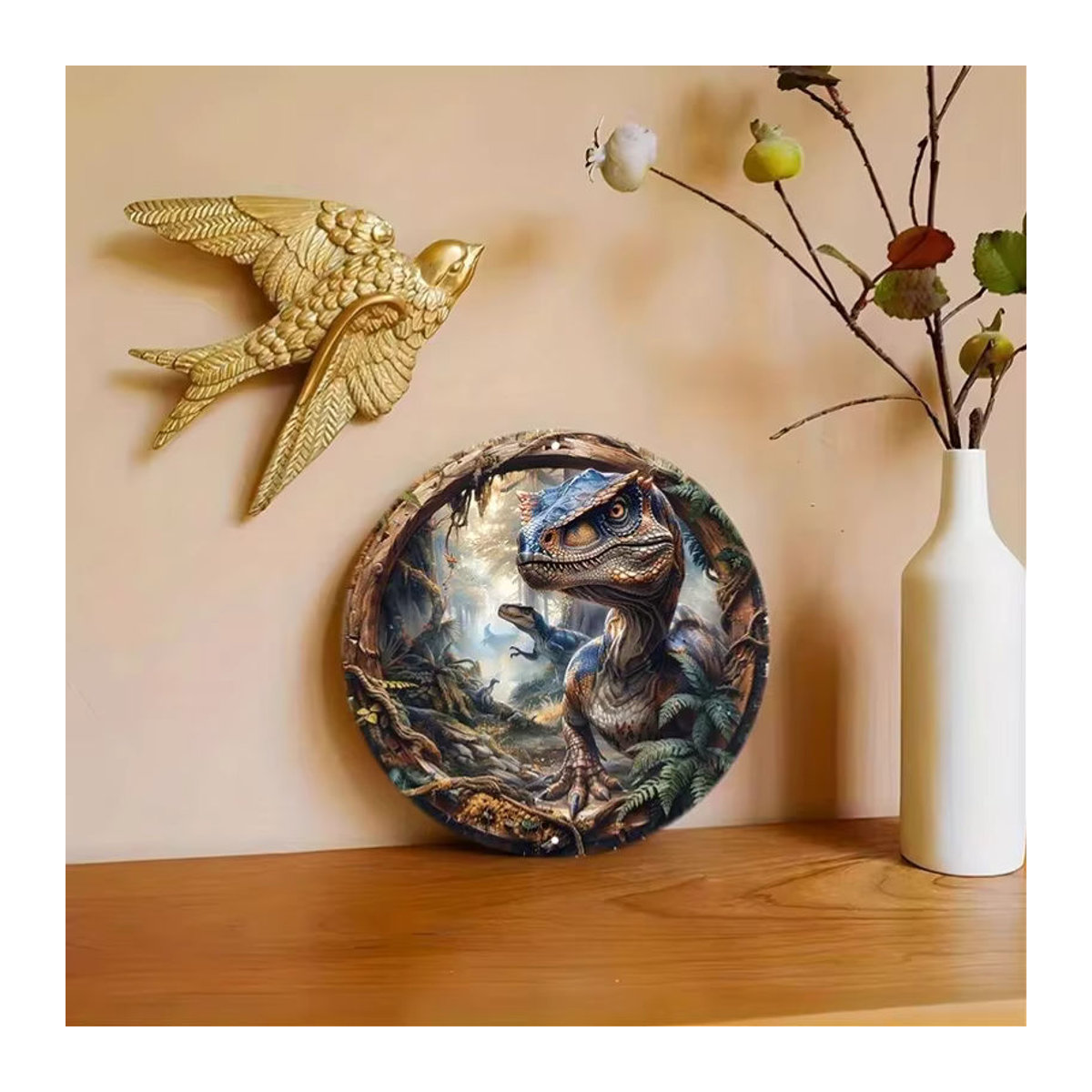 Potdemiel Velociraptor Wandkunst aus Metall, rundes Dinosaurier-Dekor für drinnen und draußen, mehrfarbig, Durchmesser: 20,32 cm - Bild 3