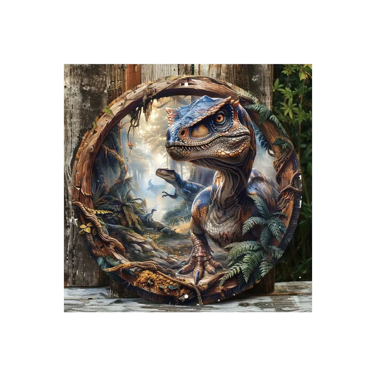 Potdemiel Velociraptor Wandkunst aus Metall, rundes Dinosaurier-Dekor für drinnen und draußen, mehrfarbig, Durchmesser: 20,32 cm - Bild 7