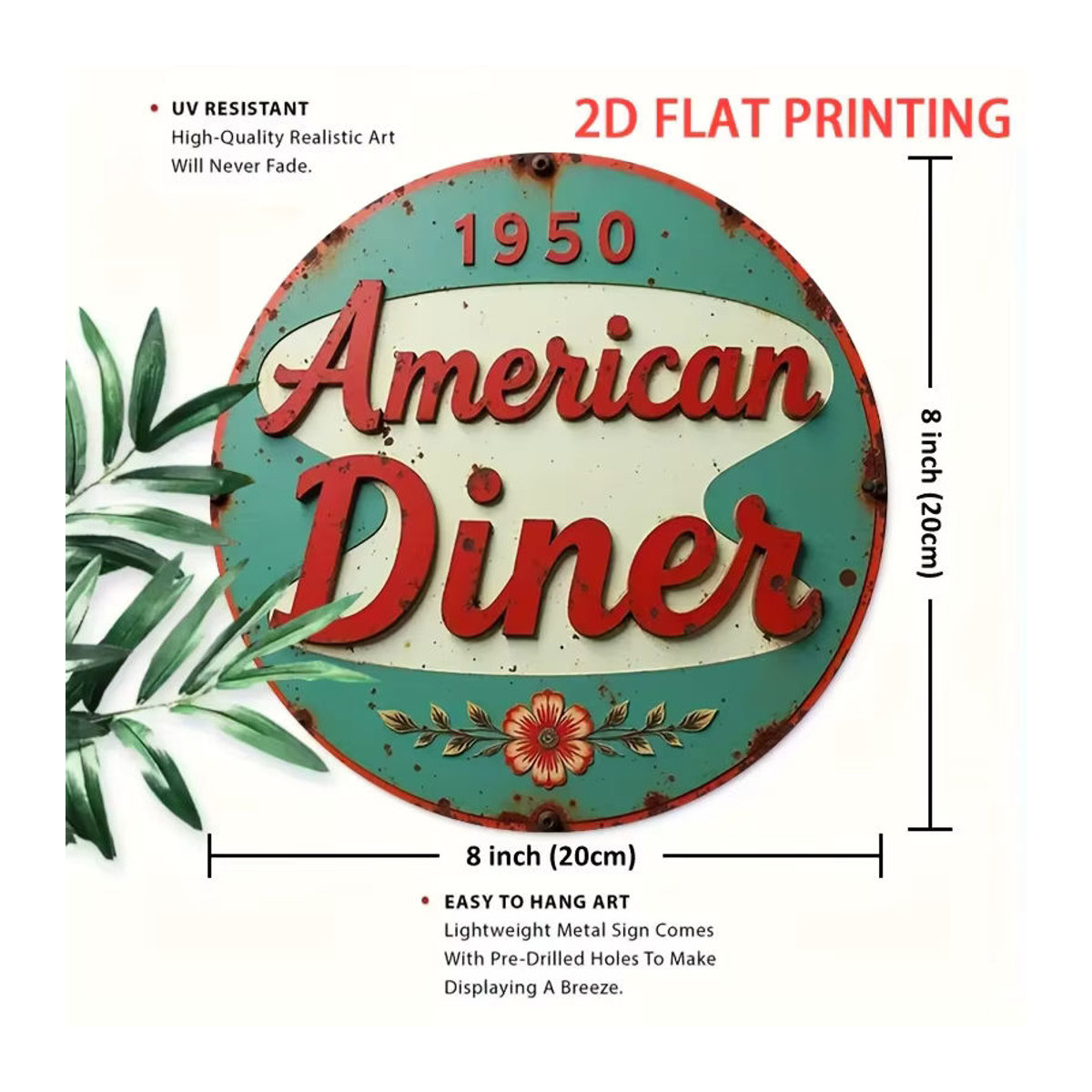 Potdemiel Vintage 1950er Jahre American Diner Wandschild, rundes Metall-Dekor mit floralem Retro-Design, mehrfarbig, Durchmesser: 20,32 cm - Bild 3